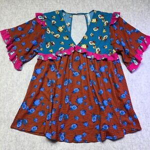 Anthropologie Floral Ruffle Sleeve V‎ Neck Mini Sleep Babydoll Dress Size L Boho